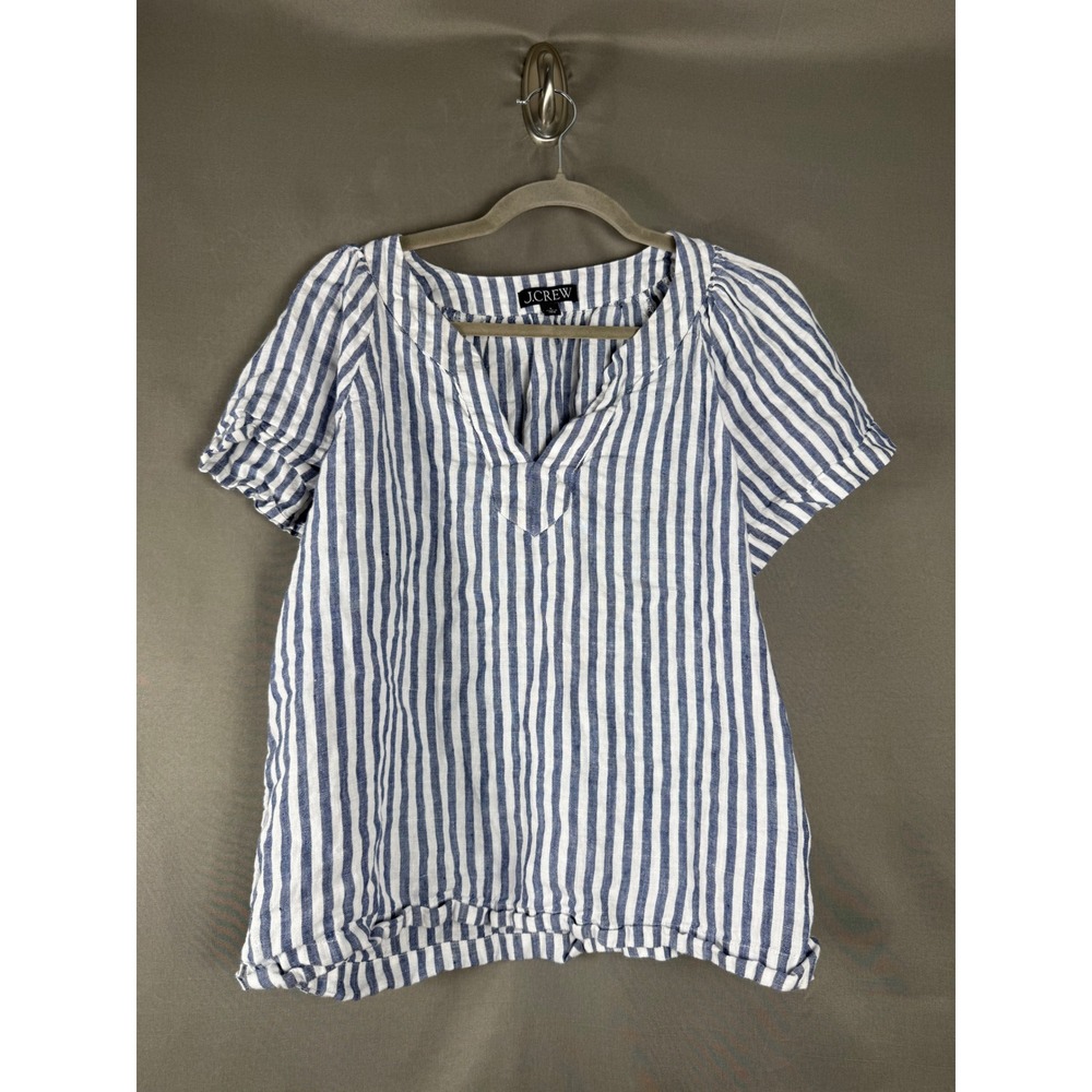 J.Crew Blouse Womens Small Blue White Striped Linen Split V-Neck Short Sleeve